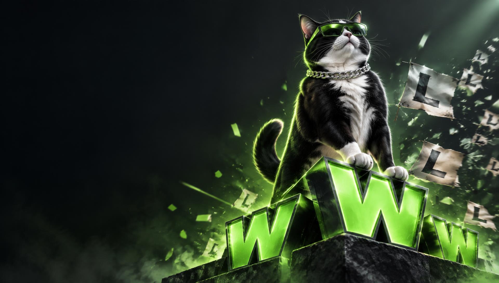 JubCat standing victorious on glowing W letters